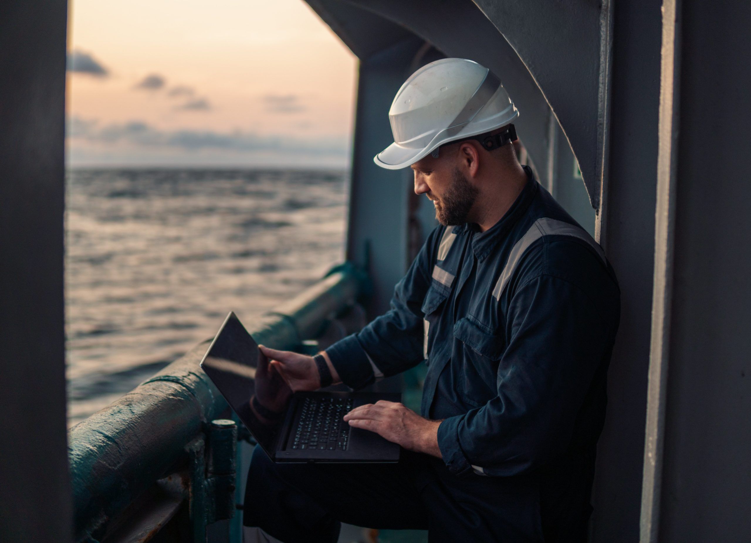 Marine chief officer or captain on deck of vessel